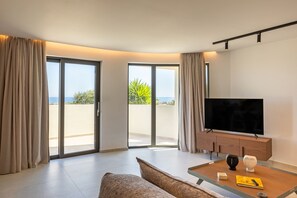 Villa, 3 Bedrooms, Private Pool, Sea View | Living area | 43-inch Smart TV with satellite channels, fireplace, Netflix - NOLA Nomadic Luxury Villas (Hersonissos)