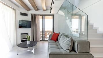 Villa, 2 Bedrooms, Private Pool, Sea View | Living area | 43-inch Smart TV with satellite channels, fireplace, Netflix
