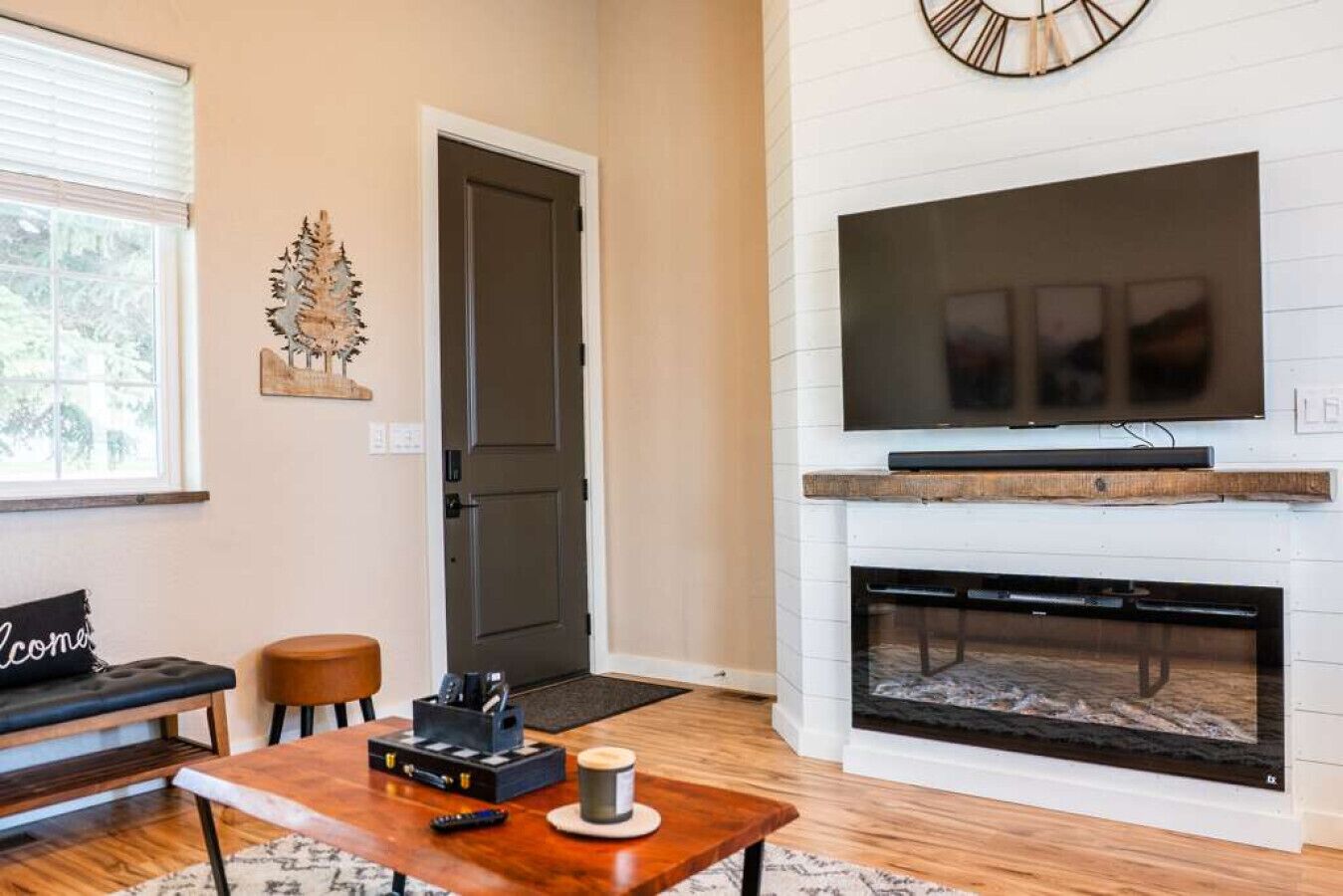 Smart TV, fireplace, books