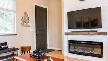 Smart TV, fireplace, books