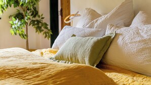 Un lit avec plusieurs oreillers, une plante verte et une porte en bois à l’arrière-plan.