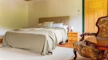 A bedroom with a bed, nightstand, chair, and wooden door.