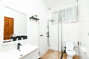 A modern bathroom with a white sink, a mirror, a shower, and a toilet.