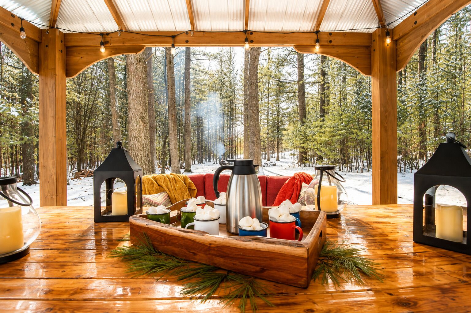 A cozy wooden cabin with a rustic interior, featuring a wooden table set with mugs, a kettle, and candles, surrounded by a forest view.