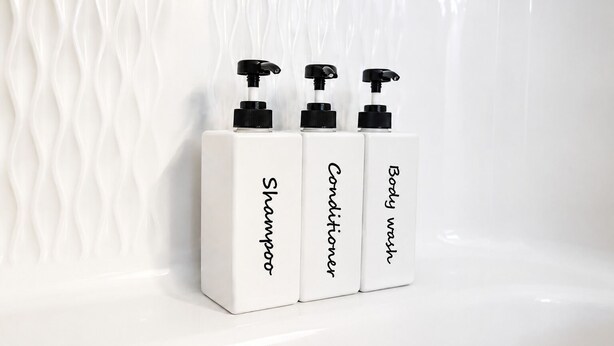 Three white bottles with black pumps and labels, labeled 'Shampoo,' 'Conditioner,' and 'Body wash,' against a textured white background. - Whispering Pines Oasis 12 ac Scenic Forest Retreat (Amherst)