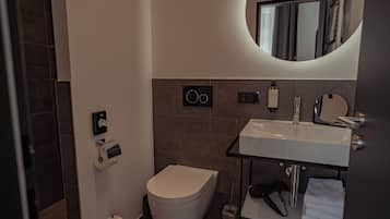 A modern bathroom with a toilet, sink, and mirror.