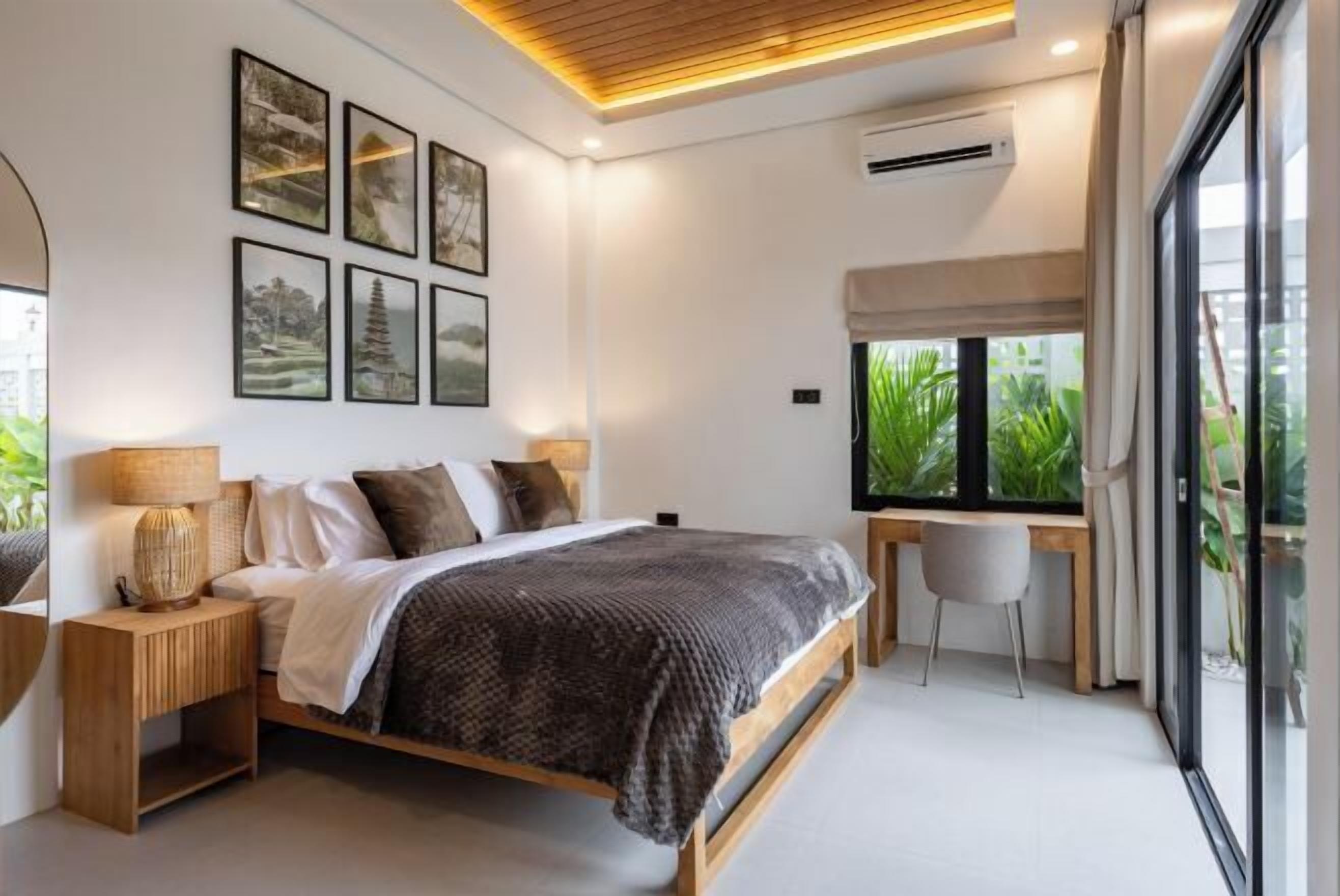 Desk, laptop workspace, blackout drapes, soundproofing