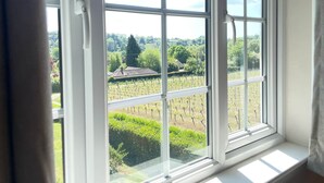 Una ventana con vista a un viñedo y una casa distante.