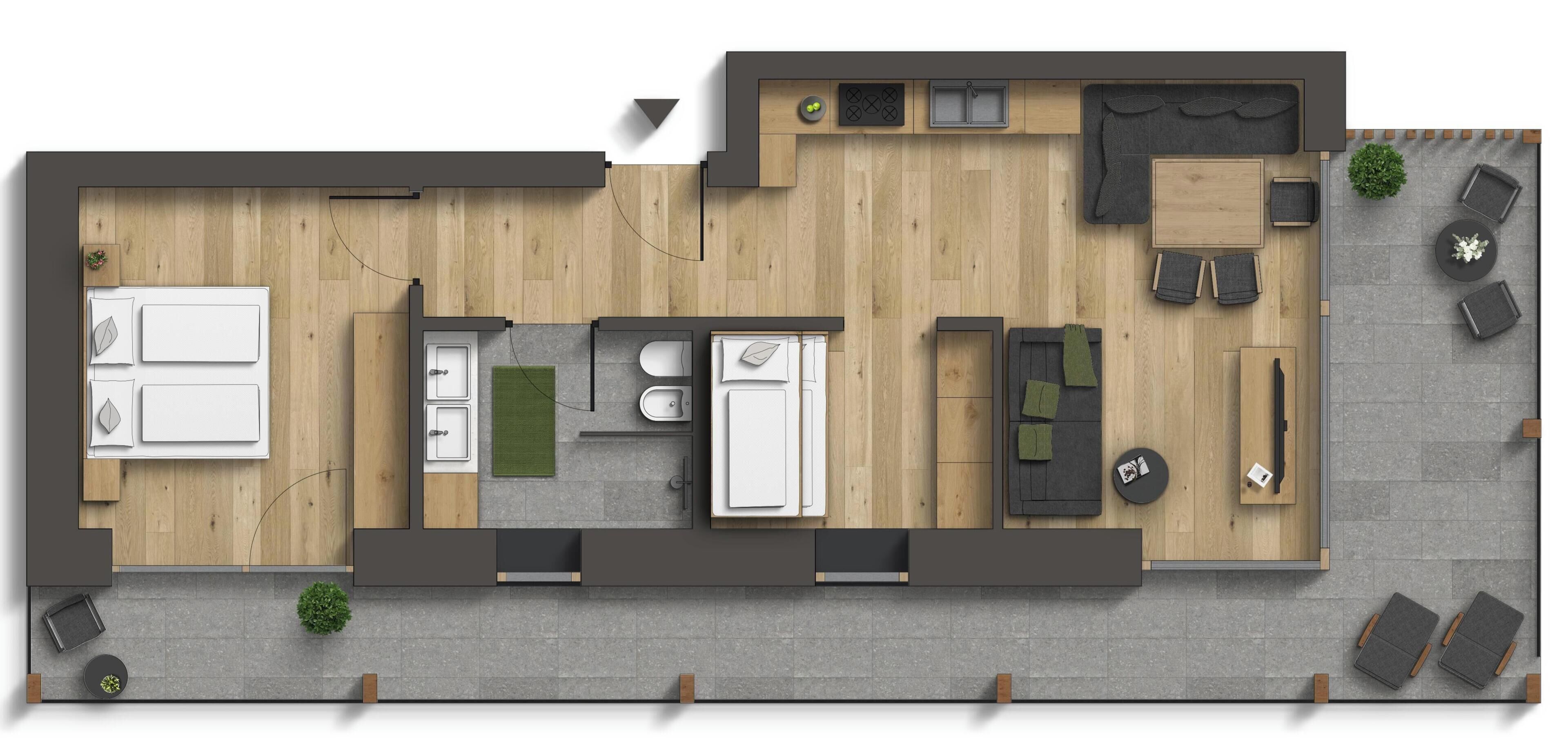 En planritning över ett hotellrum med ett litet pentry, ett badrum, en matplats och en liten sittplats utomhus.