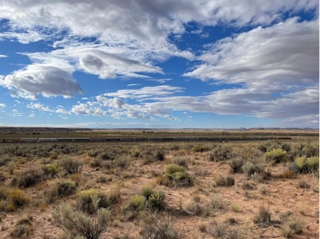 A desert landscape with sparse vegetation and a clear sky.. Site 2 off grid Campsite Near Petrified Forest