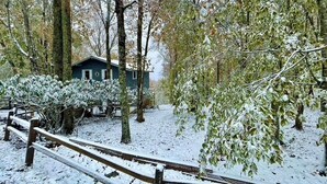 Una cabaña rodeada de árboles cubiertos de nieve y una valla de madera.