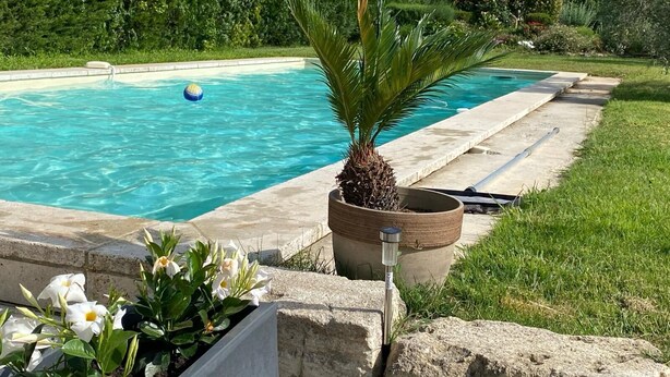 A swimming pool with clear blue water, surrounded by a well-maintained lawn and a variety of plants. - Tamarind Duo (Arles)