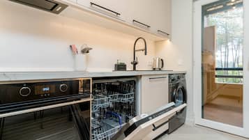 Frigorífico, microondas, horno y placa de cocina