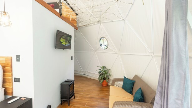 A cozy living area with a wooden floor, a sofa with teal cushions, a small table, and a potted plant. - Macas Moon Glamping (Sierra)