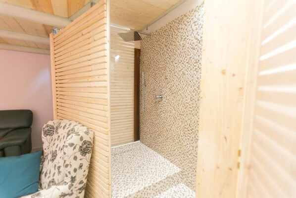 Shower, hair dryer, towels, soap