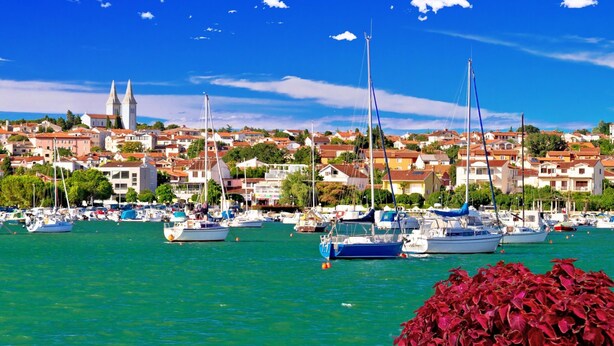 A marina with boats docked, a town with red-roofed buildings, and a prominent church tower in the background. - Bright Apartment in Medolino (Medulin)