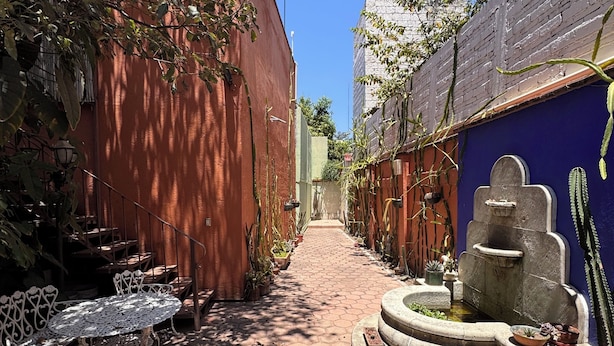 A narrow alley with a hexagonal tiled path, a stone fountain, and potted plants. - La Casa del Árbol - Oaxaca Historic Center (Oaxaca de Juárez)