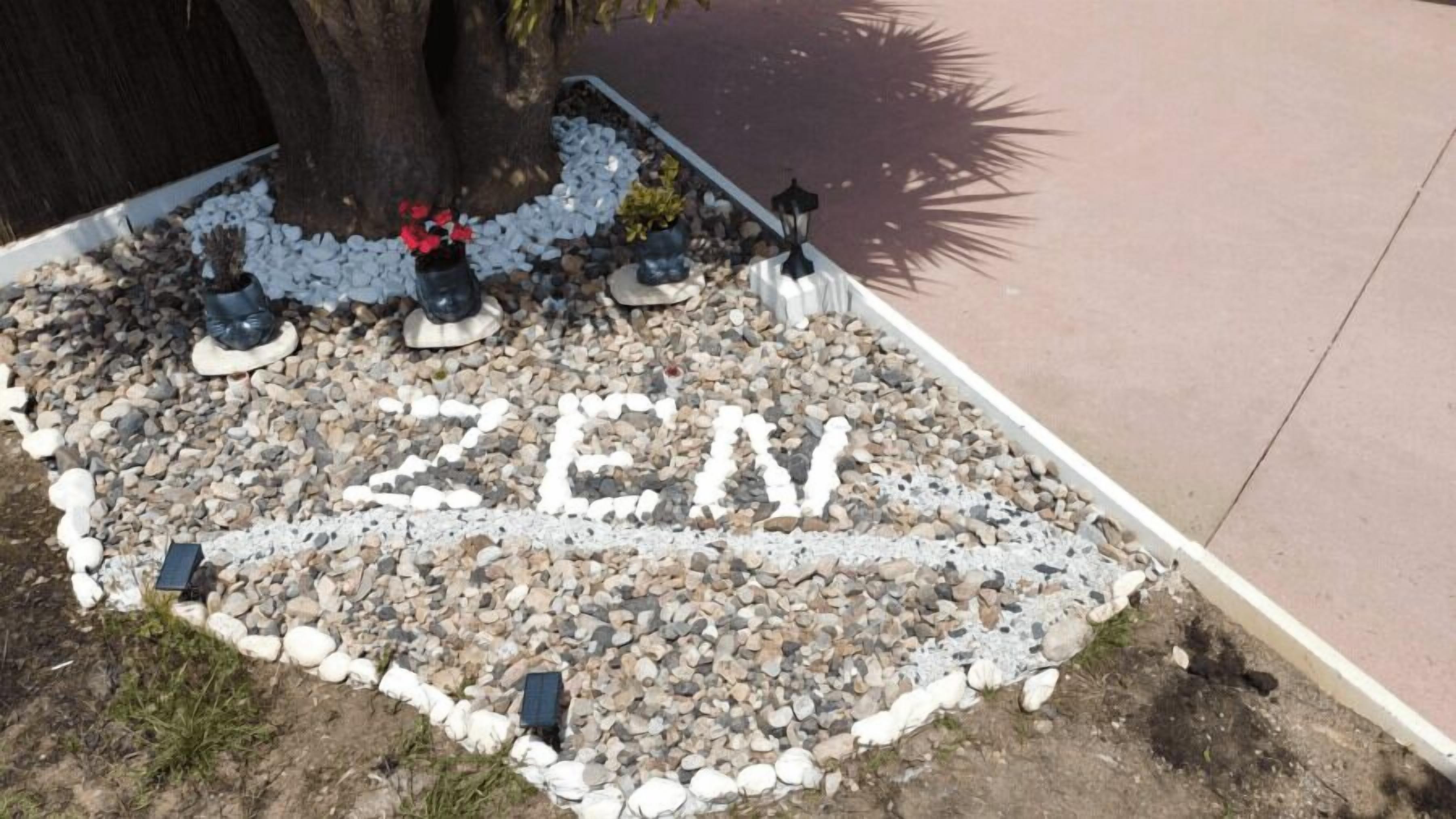 A Zen garden with a tree, rocks, and a solar-powered water feature.