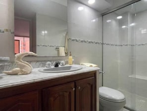 Hair dryer, towels, soap, shampoo