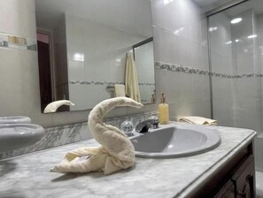 Secadora de cabello, toallas, jabón, shampoo 