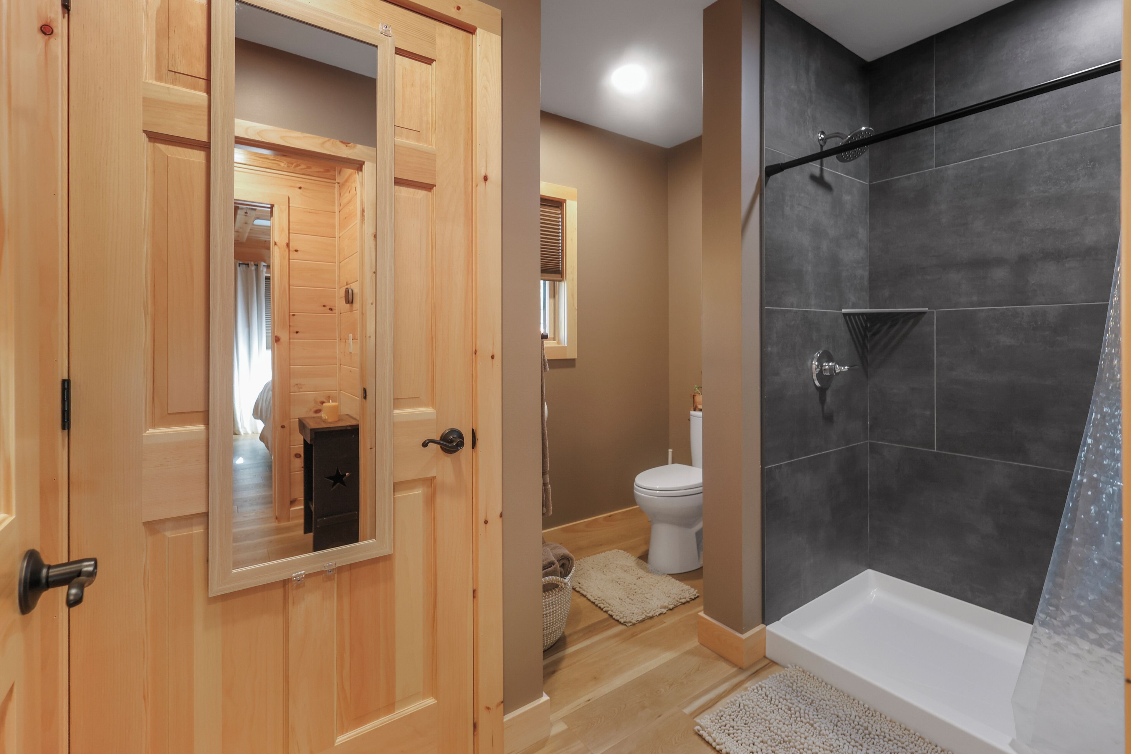 Shower, towels, soap, toilet paper