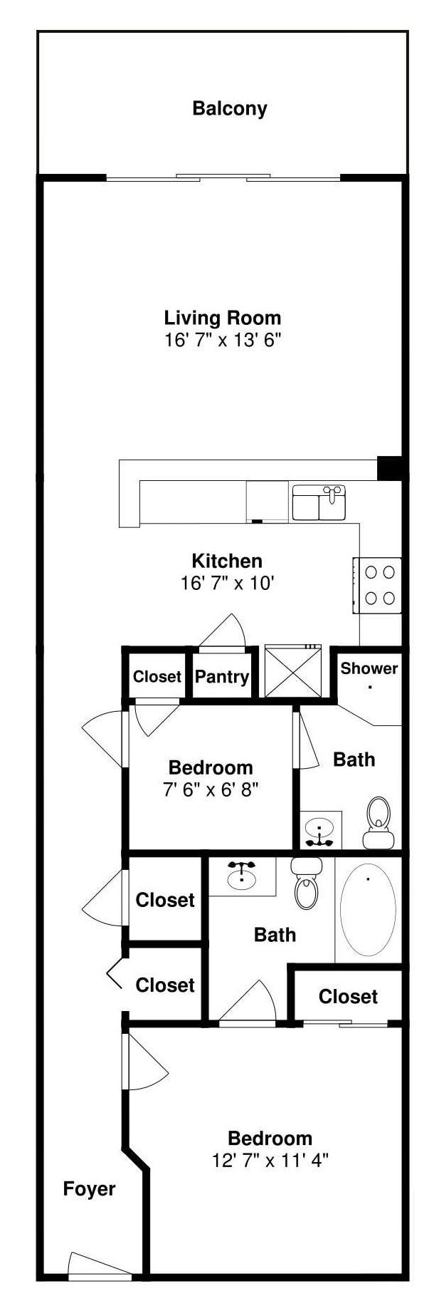 A floor plan of a residential property with a balcony, living room, kitchen, two bedrooms, two bathrooms, a pantry, and a foyer.