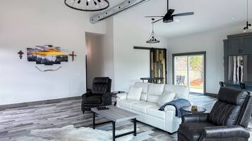 Smart TV, fireplace, books