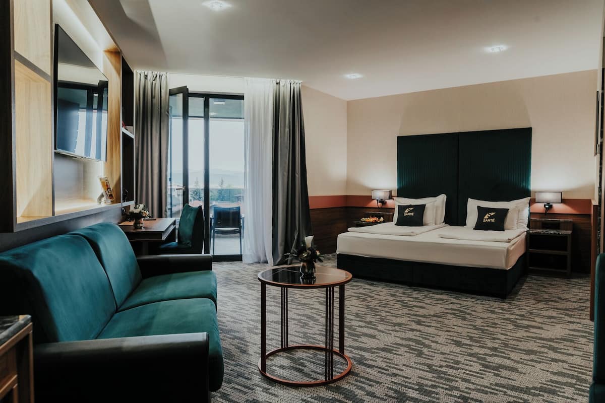A hotel room with a bed, a sofa, a small table, and a view of the outdoors.