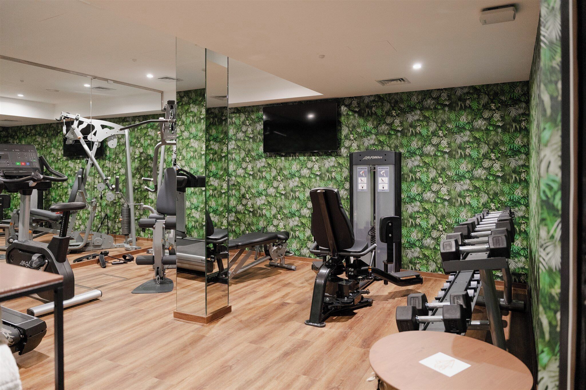 A gym with exercise equipment, a television, and a mirror.