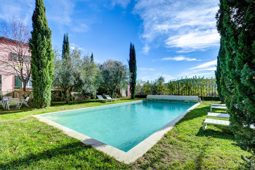 A rectangular swimming pool with a surrounding grassy area, a few lounge chairs, and tall trees.