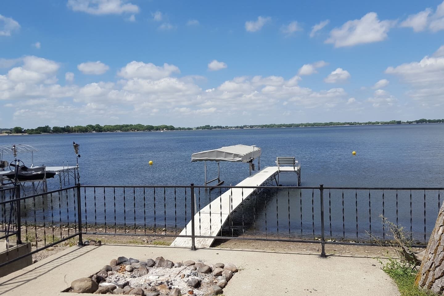 lake view with firepit