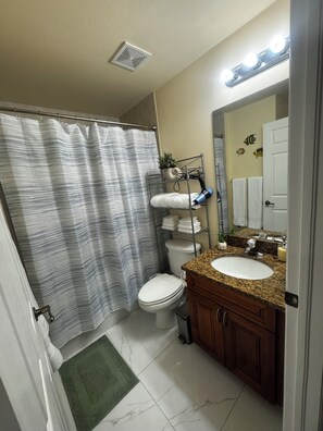 Hair dryer, bidet, towels, soap