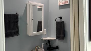 Douche, séchoir à cheveux, serviettes fournies, papier de toilette