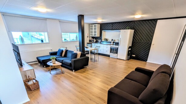 A modern apartment with a living area, kitchen, and dining space. - Central Apartments  (Vestmannaeyjar)
