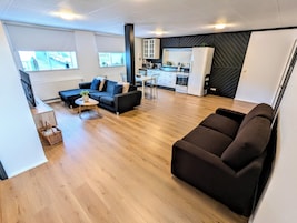 Un apartamento moderno con sala de estar, cocina y comedor.
