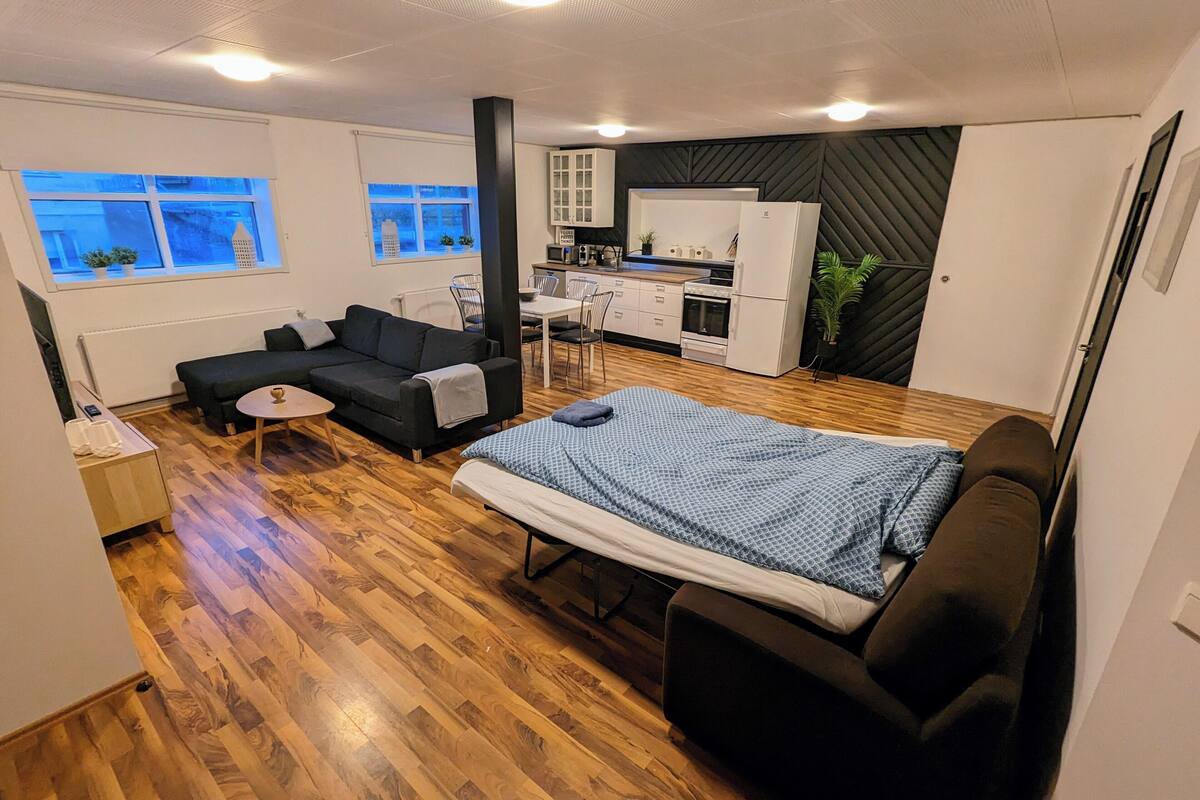 Un ambiente compatto con divano, letto, un piccolo tavolo da pranzo e angolo cottura.