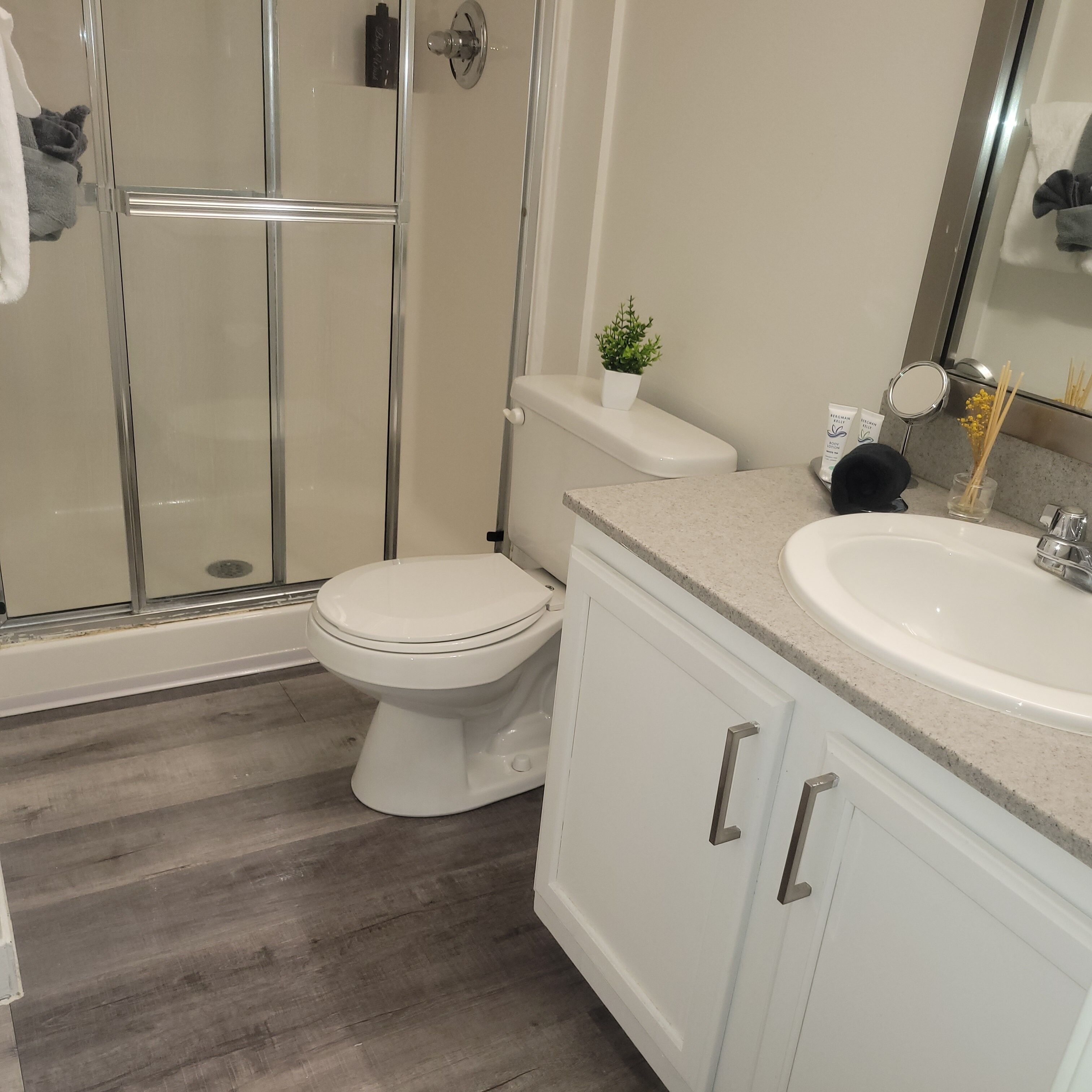 A modern bathroom with a glass shower enclosure, a toilet, a sink, and a cabinet.