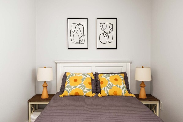 A bedroom with a bed, two nightstands, two lamps, a white headboard, and two abstract art pieces on the wall. - @Marbella Lane - Serene Haven Retreat (Ontario)