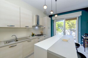 Fridge, microwave, oven, dishwasher