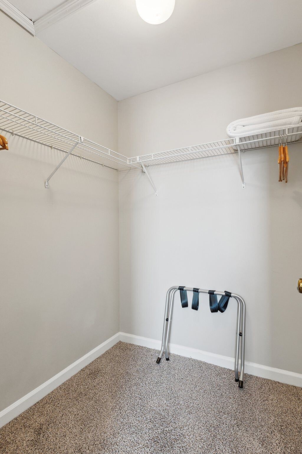 A room with a white ceiling, a white radiator, a white carpet, and a metal shelf unit with hooks.
