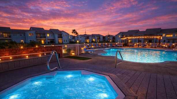 Un espace piscine comprenant deux bains à remous, une terrasse en briques et une rangée de maisons en arrière-plan.