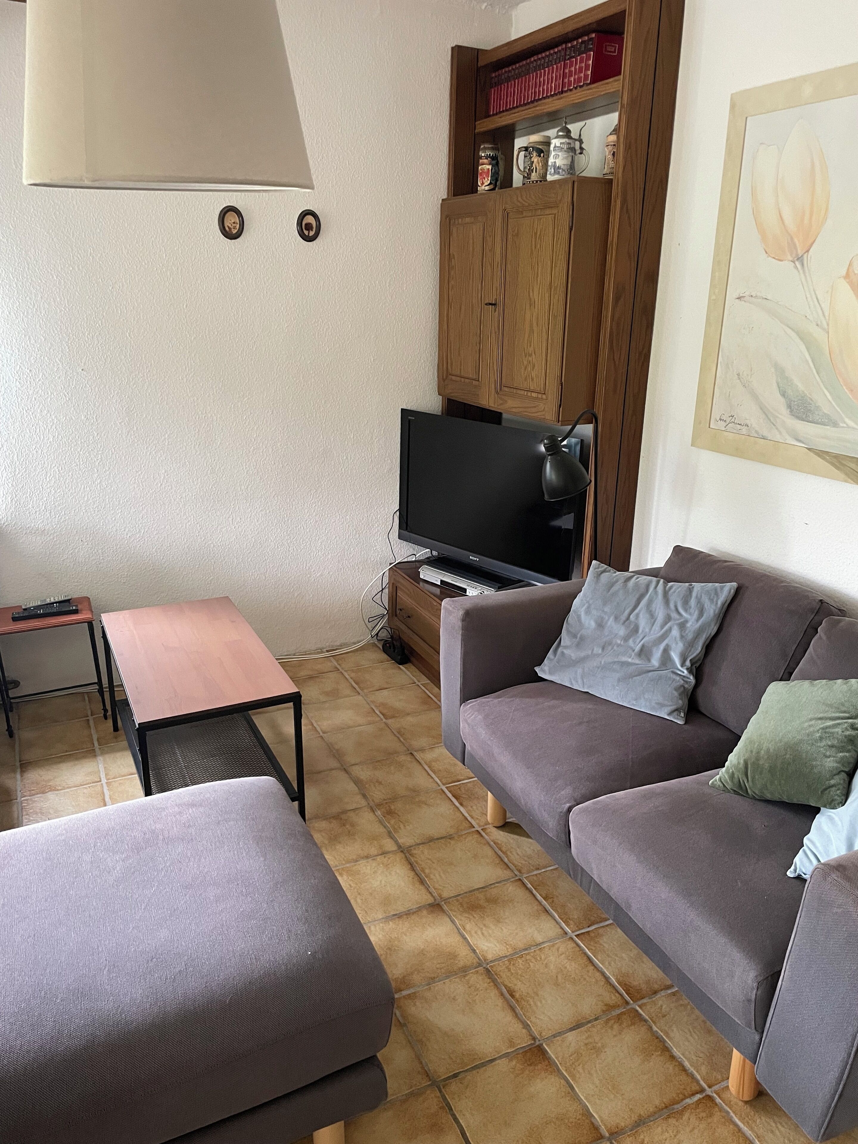 Un salon comprenant un canapé, un téléviseur, un meuble orné d’objets décoratifs et un tableau accroché au mur.