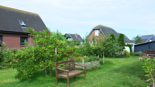 Un jardín con un banco de madera, árboles frutales y una casa con techo inclinado.