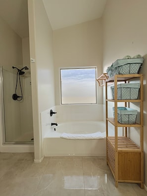 Eco-friendly toiletries, hair dryer, towels, soap