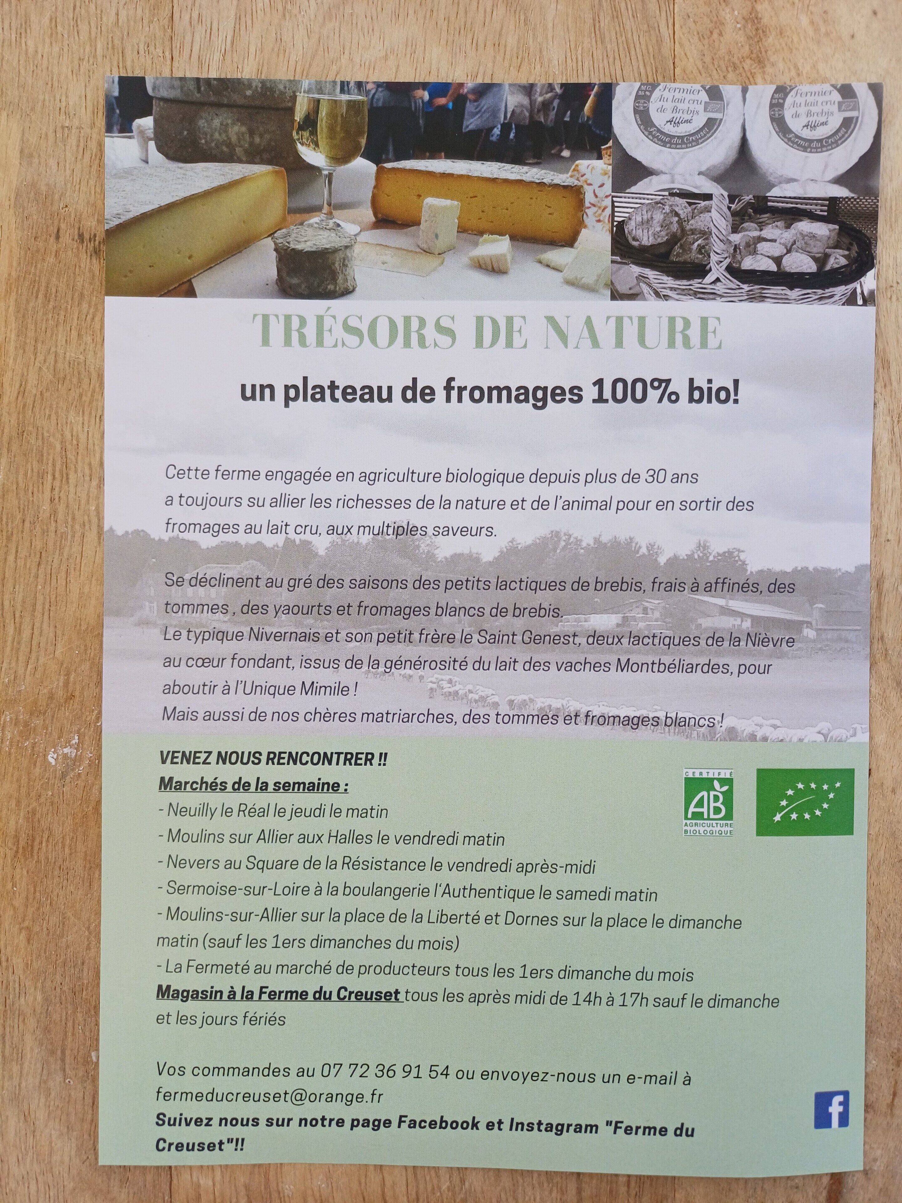 A flyer advertising a farm with a 100% organic cheese selection.