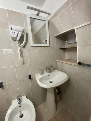 Shower, hair dryer, towels