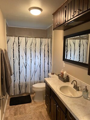 Sèche-cheveux, serviettes fournies, savon, shampoing