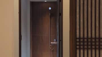 Shower, hair dryer, soap, shampoo