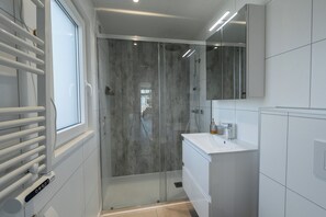 A modern bathroom with a glass shower enclosure, a white sink, and a mirror above the vanity.