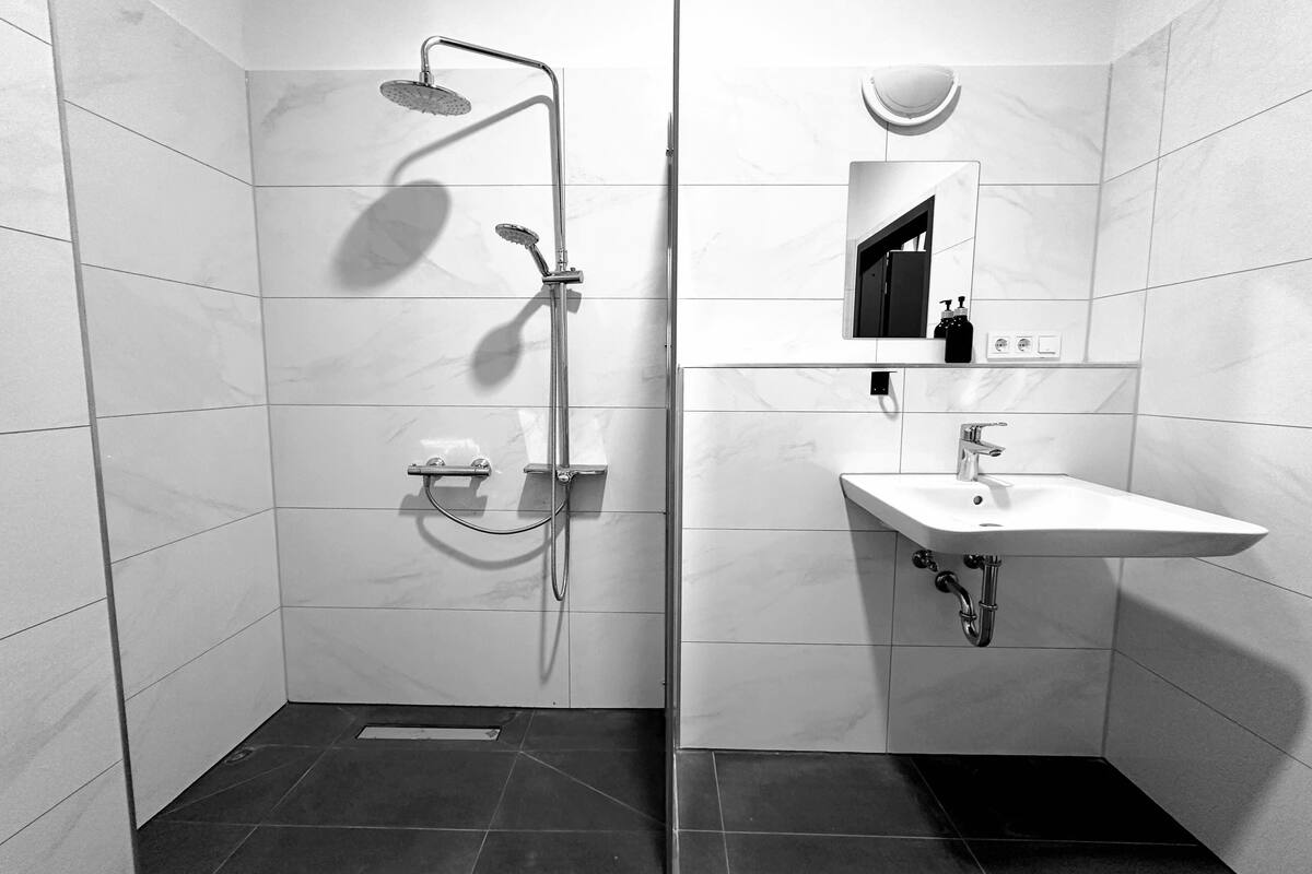 A modern bathroom with a shower, sink, and mirror.